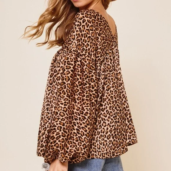 012 Boho Leopard Print Loose Fit Babydoll Top - Picture 3 of 6